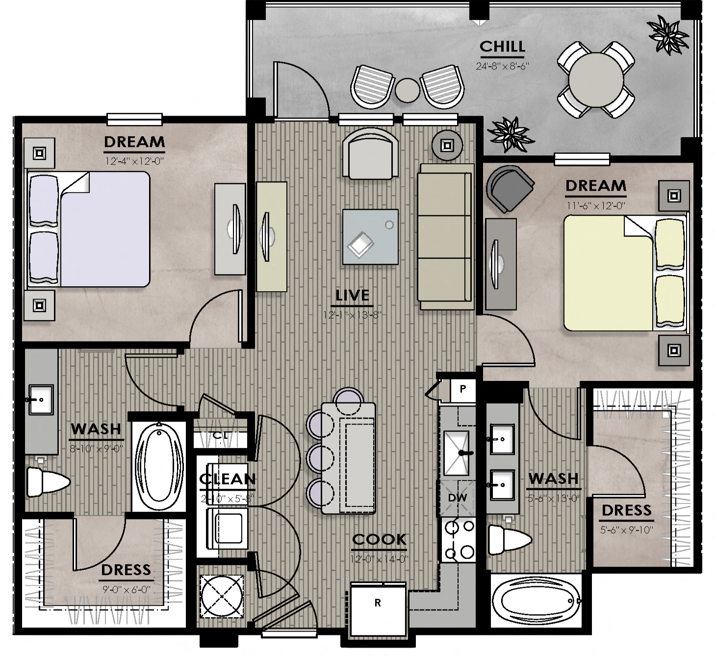 Floor plan for 2 beds, 2 baths, 1014 sqft